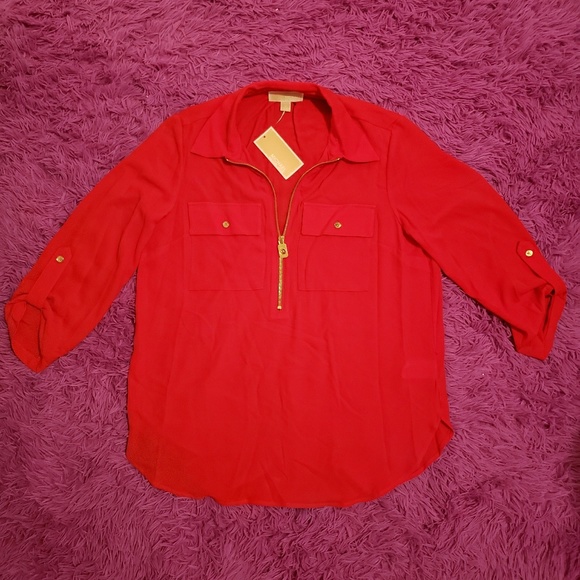 💼Michael Kors True Red Mk Charm Zip Blouse